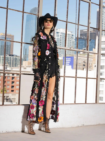 Long Denim Embroidered Duster Jacket