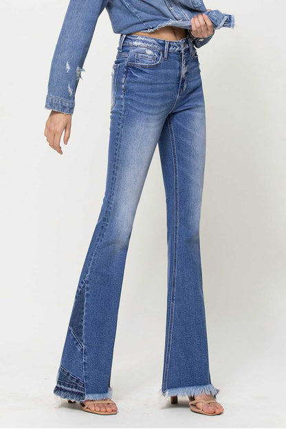 High Rise Side Panel Frayed Hem Super Flare Jeans (Vervet-Bella)