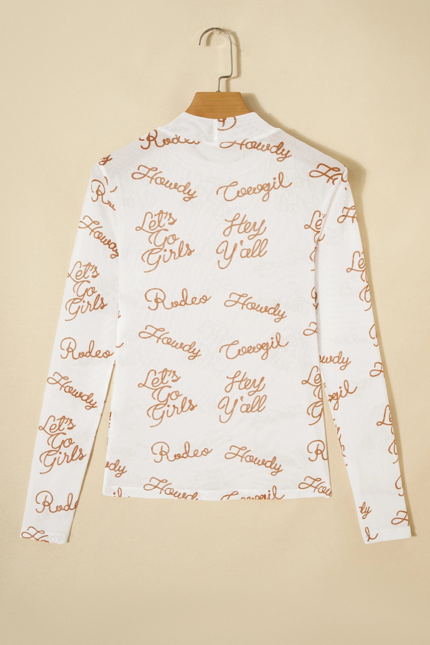 White Howdy Hey Yall Mesh High Neck Long Sleeve Top
