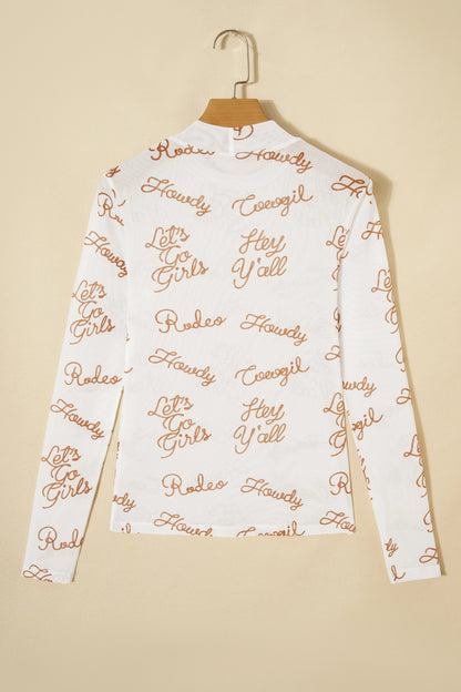 White Howdy Hey Yall Mesh High Neck Long Sleeve Top
