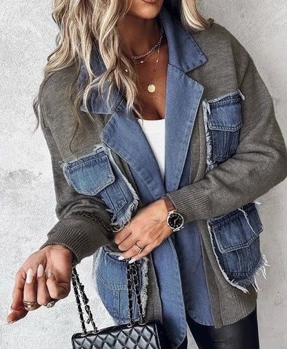 Gray Denim Raw Edge Sweater Patchwork Coat