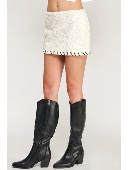 Feather Mini Skirt - Suede Fur Whipstitch Mid Waist  (Runs Small)