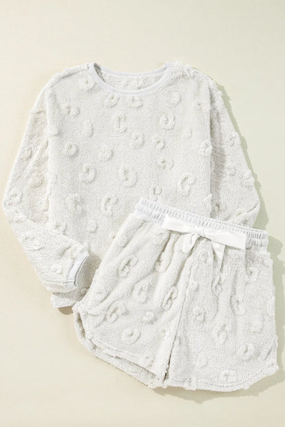 Light Grey Textured Leopard Fleece Loose Two Piece Lounge Set