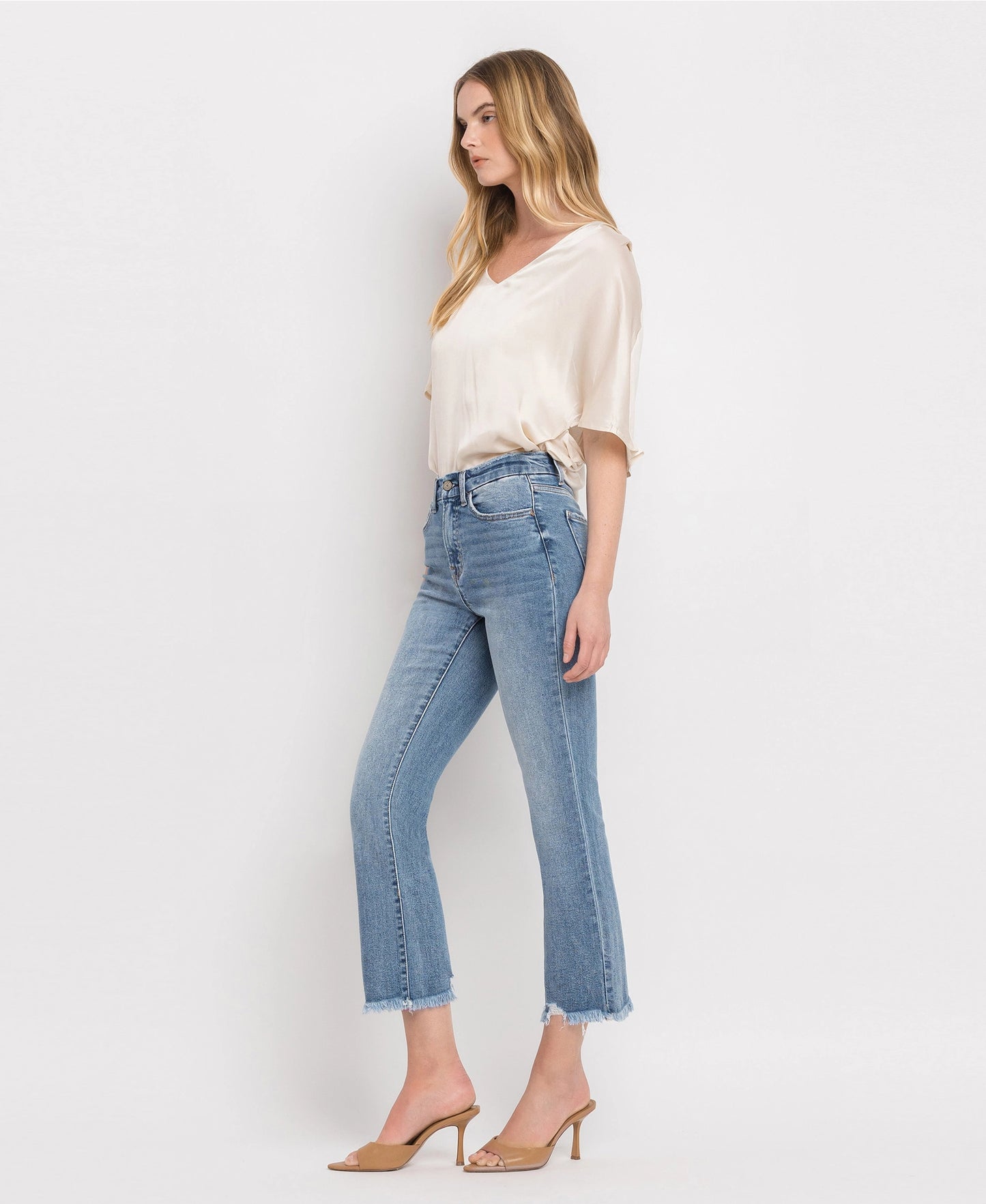 High Rise Frayed Hem Crop Flare Jeans (Vervet-BELLA)