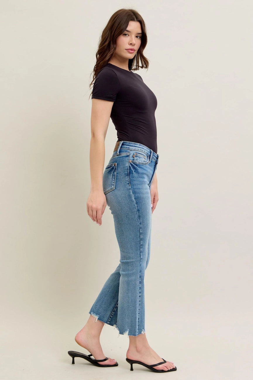 Judy Blue Mid Rise Vintage Wash Destroy Hem Kick Flare