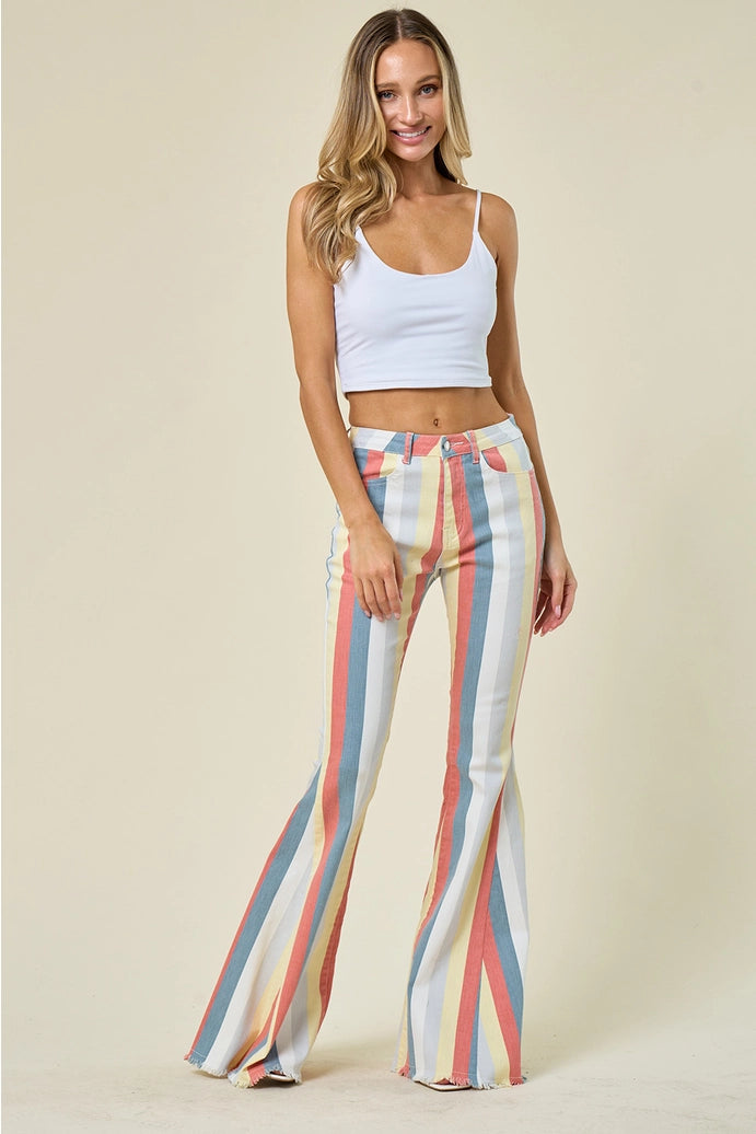 Multi Stripe Denim Bellbottom Jeans -Terra Multi 1003