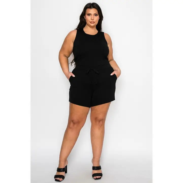 Plus Size Drawstring Waist Tank Romper
