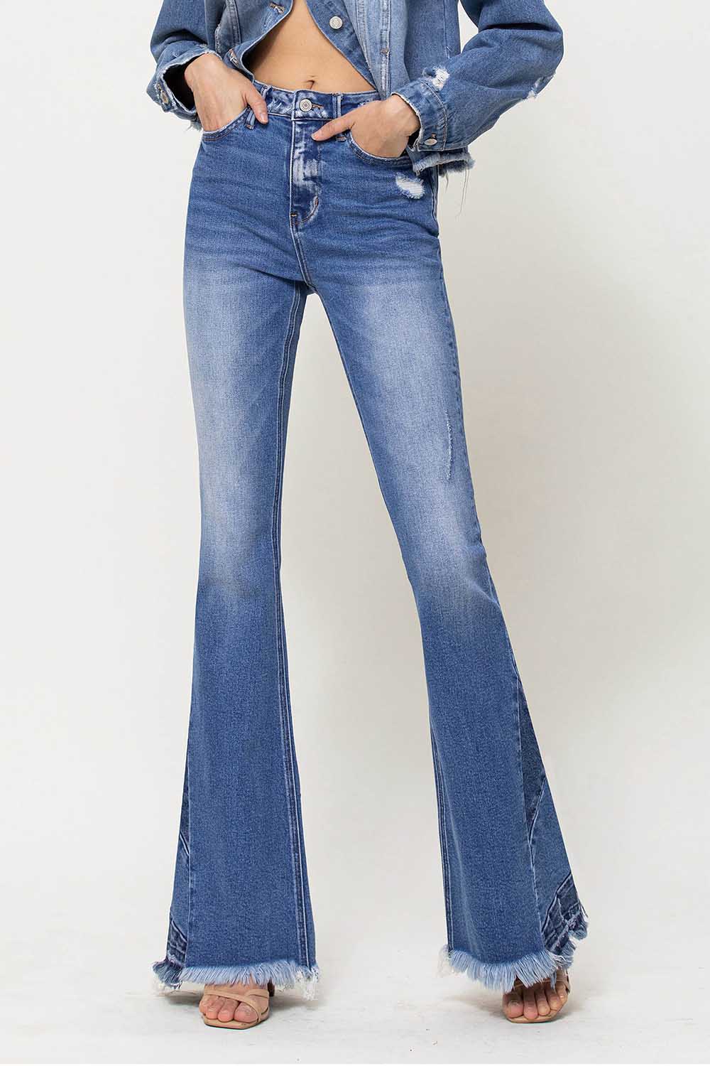 High Rise Side Panel Frayed Hem Super Flare Jeans (Vervet-Bella)