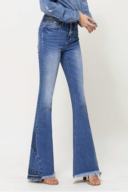 High Rise Side Panel Frayed Hem Super Flare Jeans (Vervet-Bella)