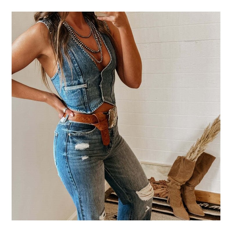 Sleeveless V-Neck Denim Vest in Solid Color