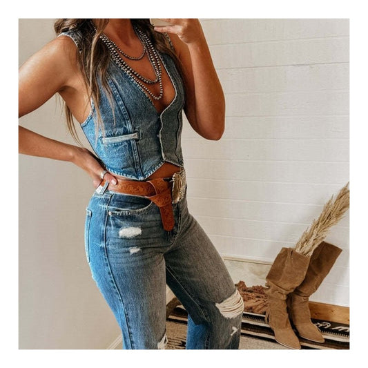 Sleeveless V-Neck Denim Vest in Solid Color