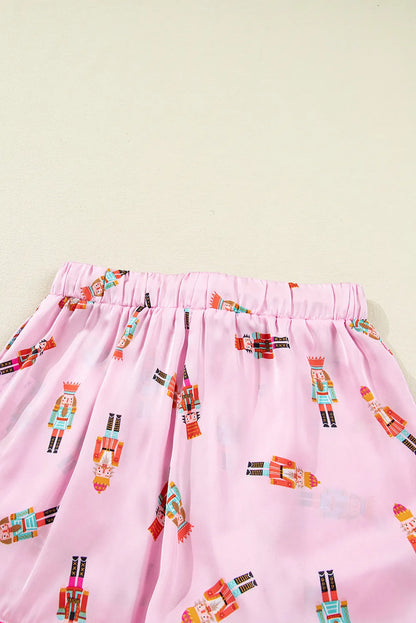 Pink Nutcracker Print Contrast Trim Tied up Bow Silky 2pcs Pajama Set