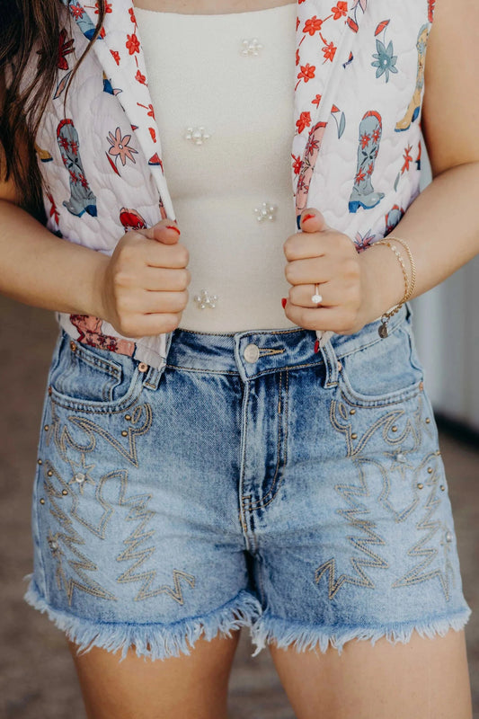 Dusk Blue Western Embroidered Retro Beaded Detail Denim Short