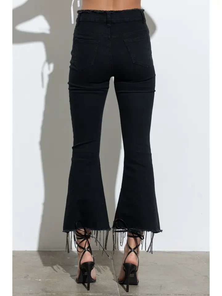 Rhinestone Fringe Denim Pants (Black)