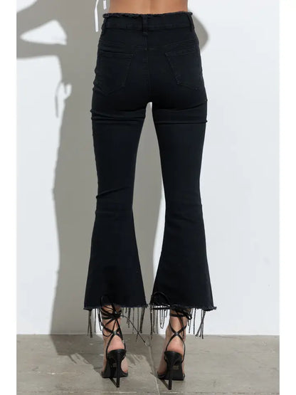 Rhinestone Fringe Denim Pants (Black)