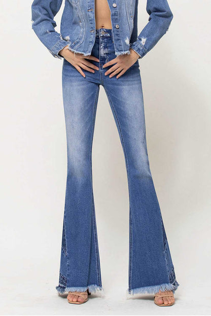 High Rise Side Panel Frayed Hem Super Flare Jeans (Vervet-Bella)