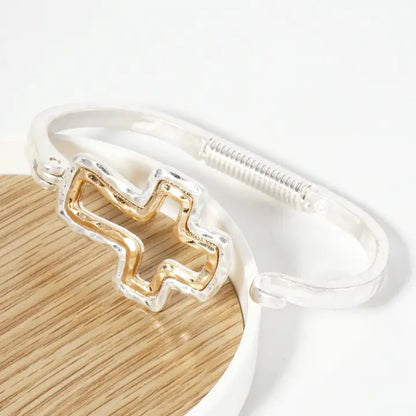 Hammered-Texture Metal Dual-Tone Cross-Shaped Hook-Clasp Hinged Bracelet