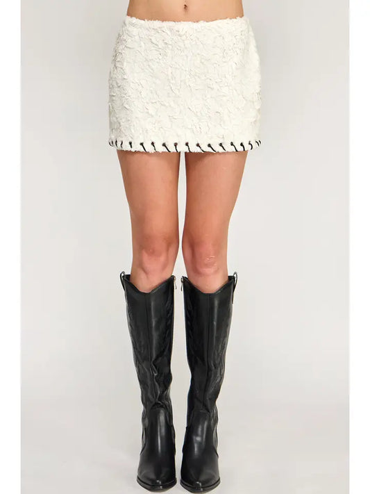 Feather Mini Skirt - Suede Fur Whipstitch Mid Waist  (Runs Small)