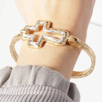 Hammered-Texture Metal Dual-Tone Cross-Shaped Hook-Clasp Hinged Bracelet