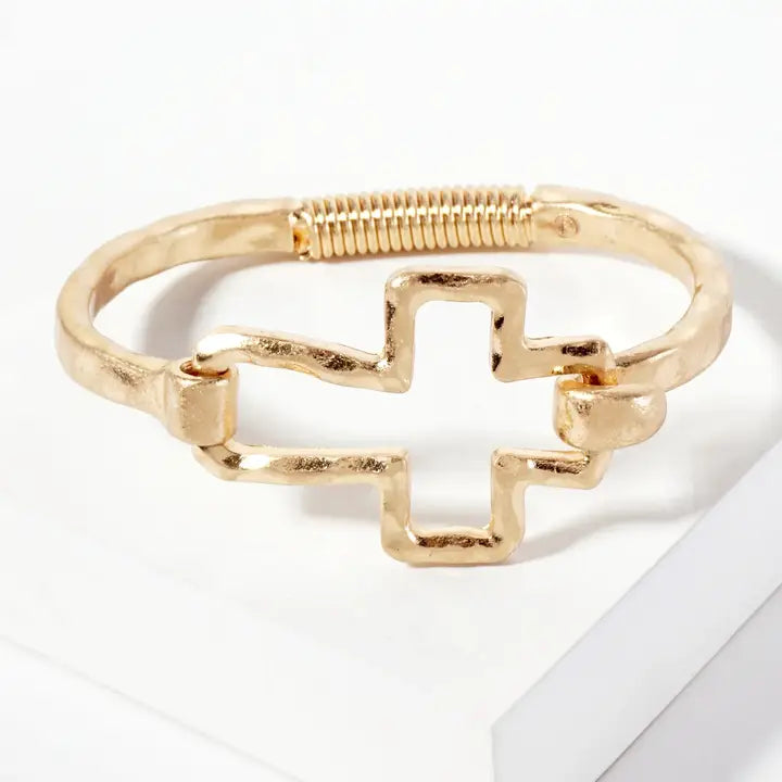 Hammered Metal Cross Hook Clasp Hinged Bracelet