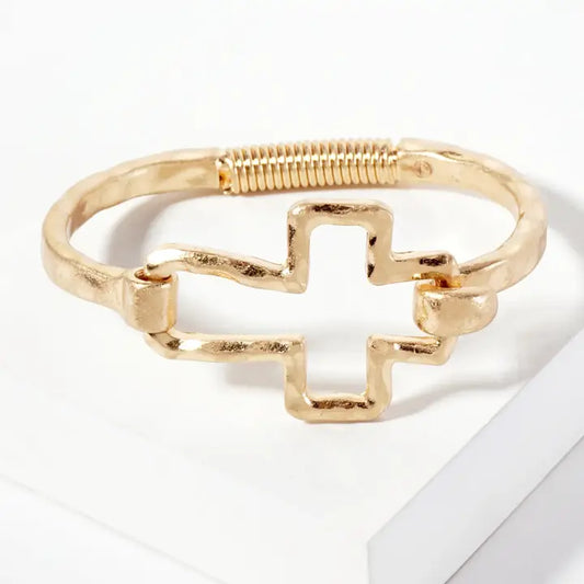 Hammered Metal Cross Hook Clasp Hinged Bracelet