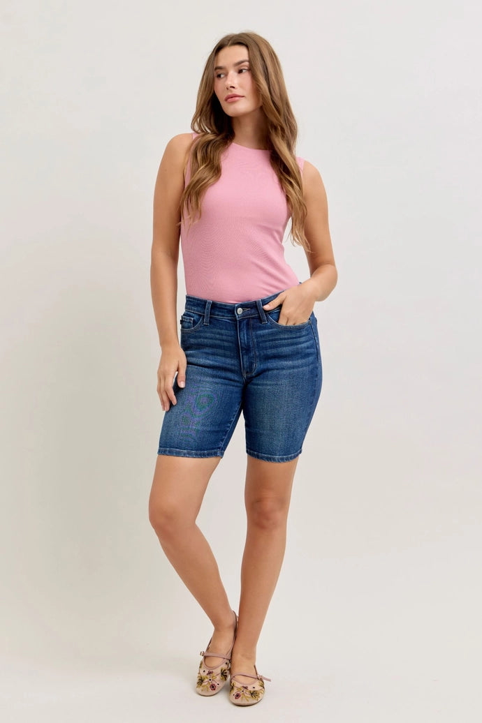 Judy Blue Mid Rise Dark Wash Bermuda Shorts