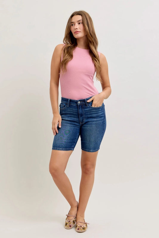 Judy Blue Mid Rise Dark Wash Bermuda Shorts