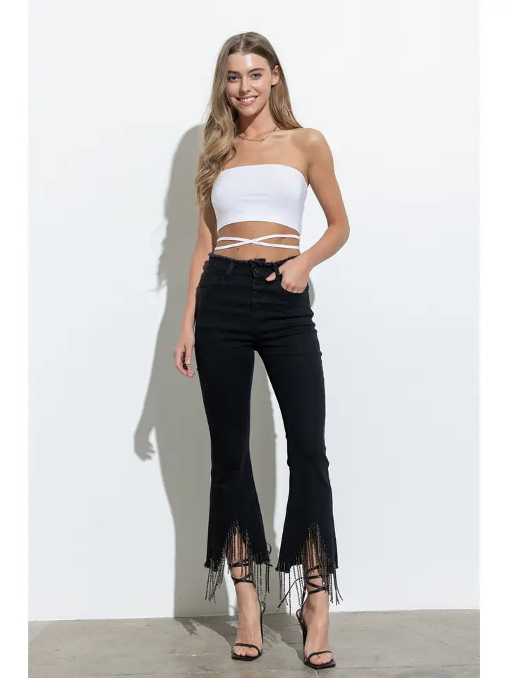 Rhinestone Fringe Denim Pants (Black)