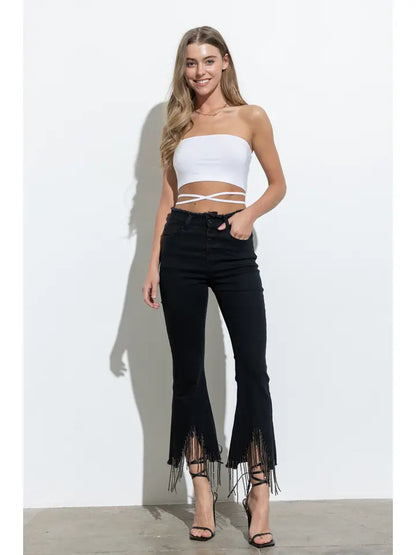 Rhinestone Fringe Denim Pants (Black)