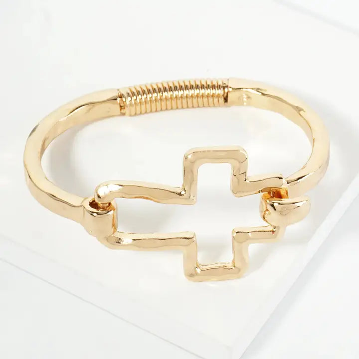 Hammered Metal Cross Hook Clasp Hinged Bracelet