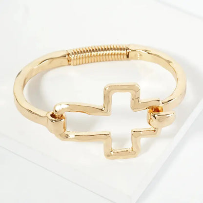 Hammered Metal Cross Hook Clasp Hinged Bracelet