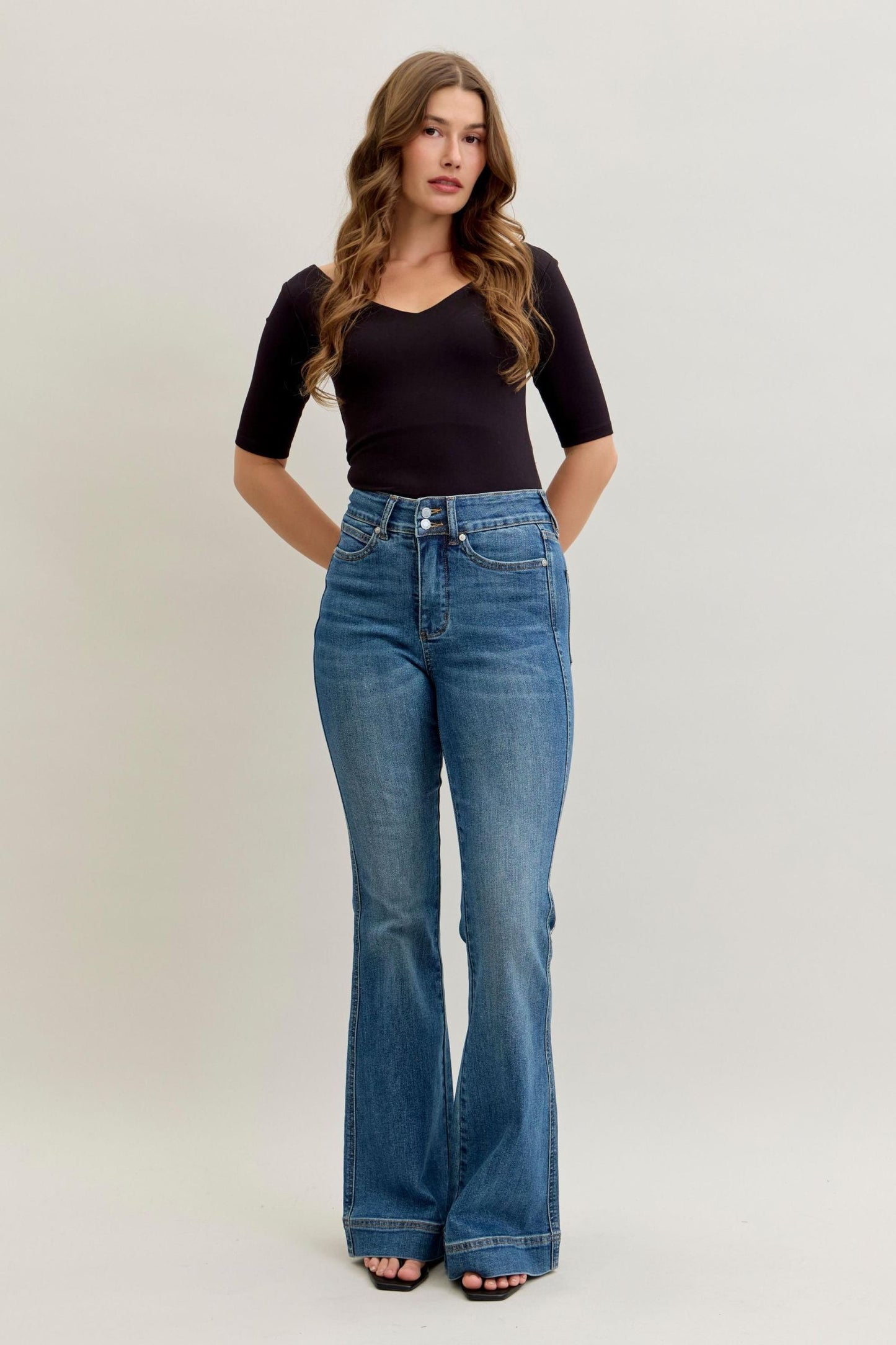 Judy Blue High Waist Tummy Control Double Button Flare Denim Jeans