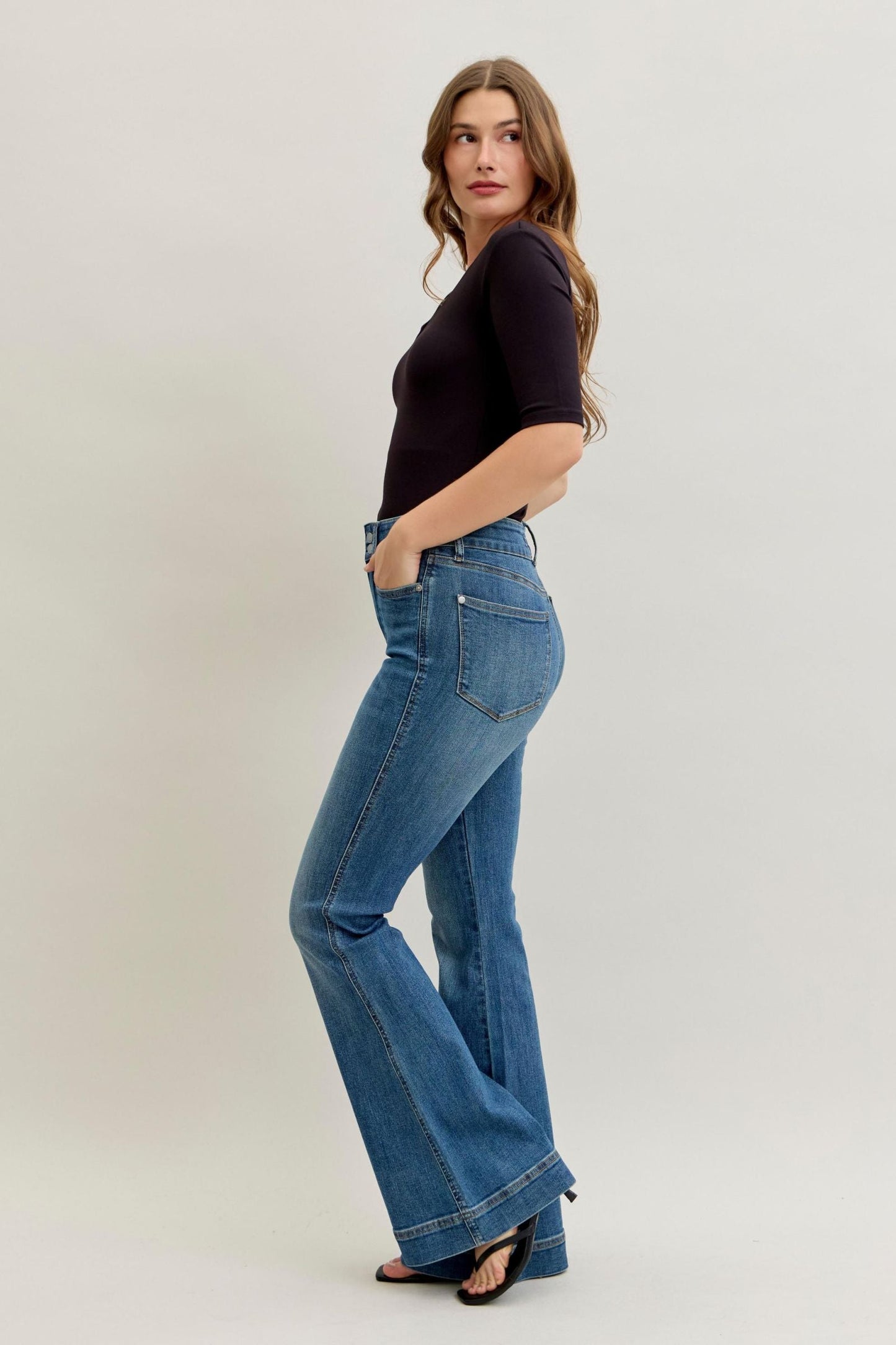 Judy Blue High Waist Tummy Control Double Button Flare Denim Jeans