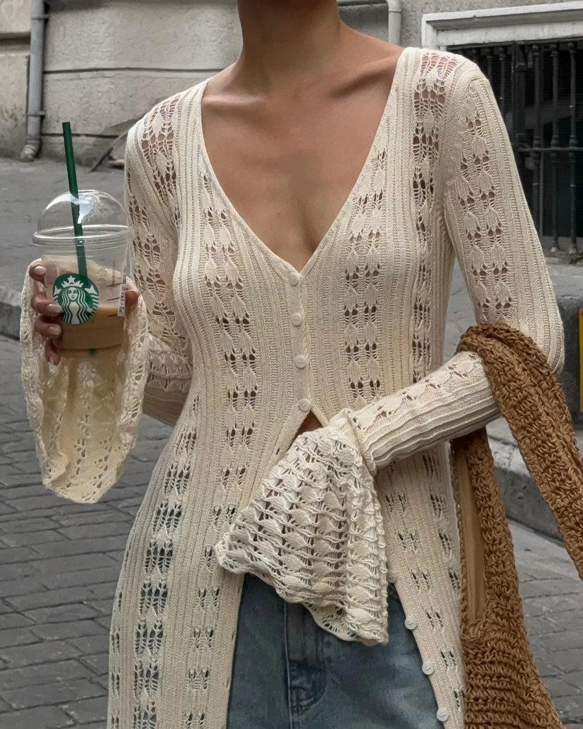 Y2K Hollow Bell Sleeves Crochet Maxi Cardigan