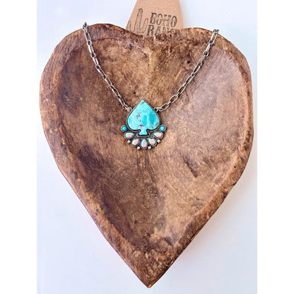 Spade Turquoise Stone Rhinestone Pendant Necklace