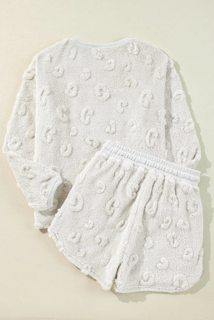 Light Grey Textured Leopard Fleece Loose Two Piece Lounge Set