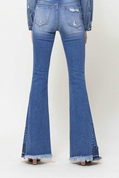 High Rise Side Panel Frayed Hem Super Flare Jeans (Vervet-Bella)
