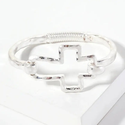 Hammered Metal Cross Hook Clasp Hinged Bracelet