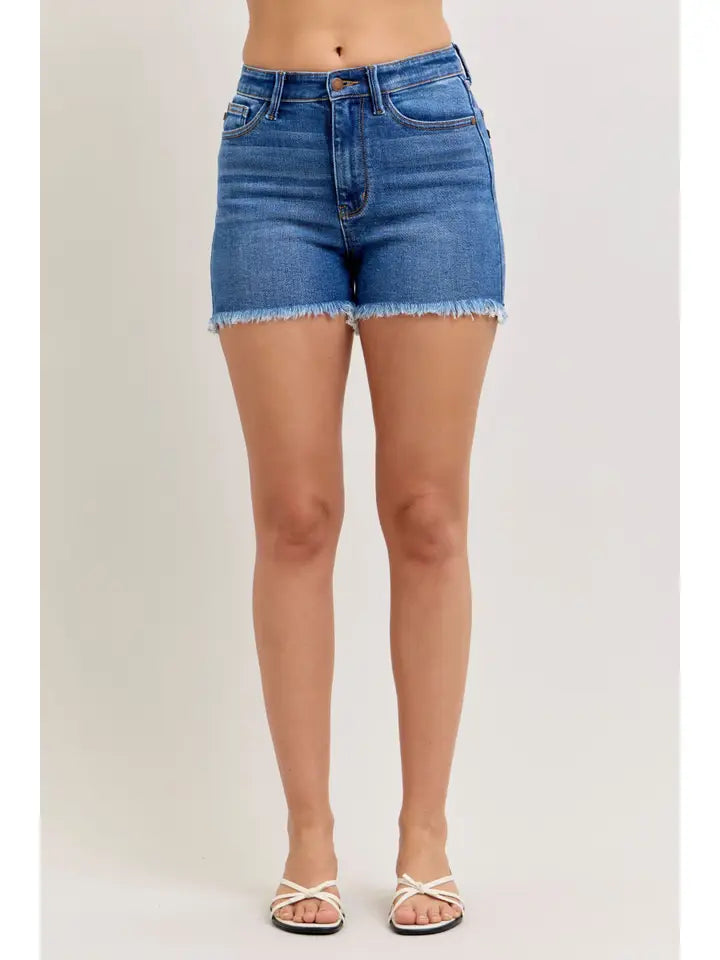 Judy Blue High Waist Dark Wash Slim Fray Shorts