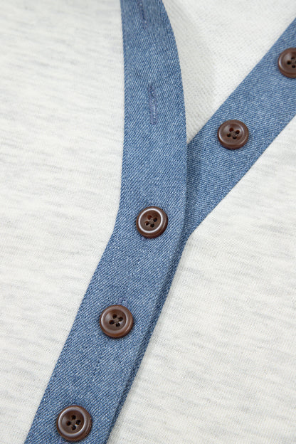 Light Grey Denim Patchwork Buttoned Polo Collar Long Sleeve Top