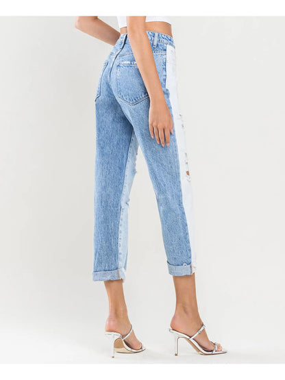 Super High Rise Color Block Cuffed Mom Jeans (Vervet-Emma)