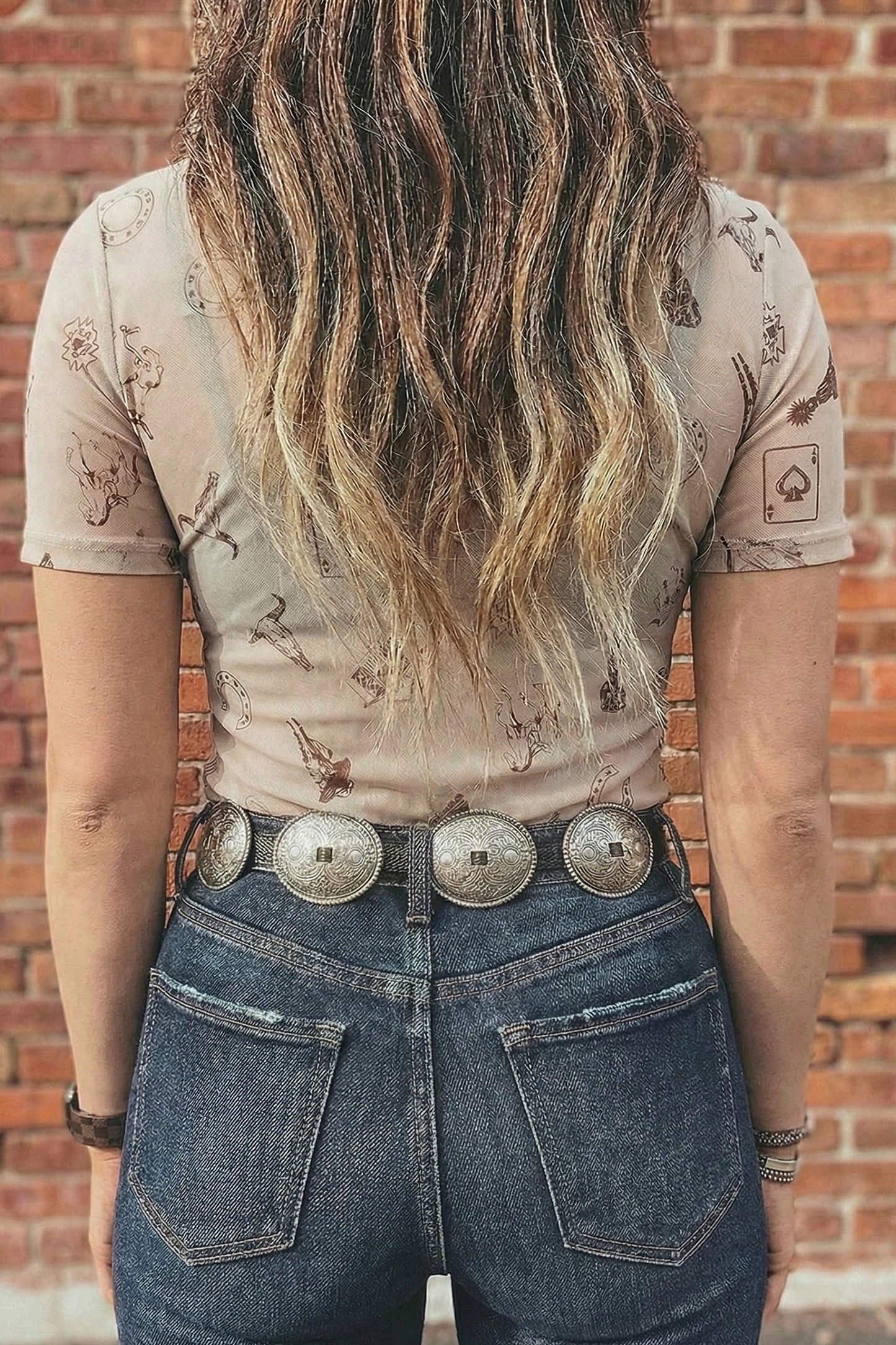 Oatmeal Retro Printed Mesh Short Sleeve Top