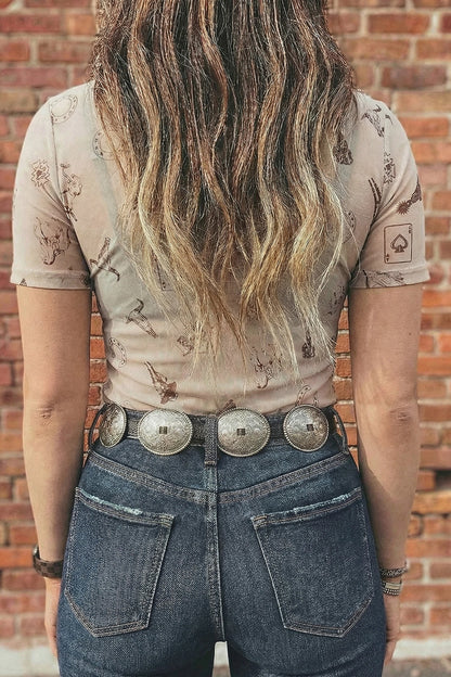 Oatmeal Retro Printed Mesh Short Sleeve Top