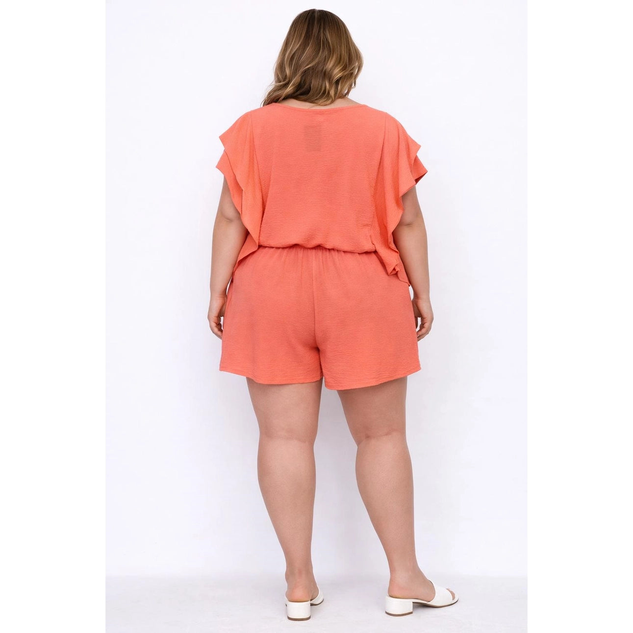 Plus Size Flutter Sleeve Top and Elastic Waist Shorts Matchi