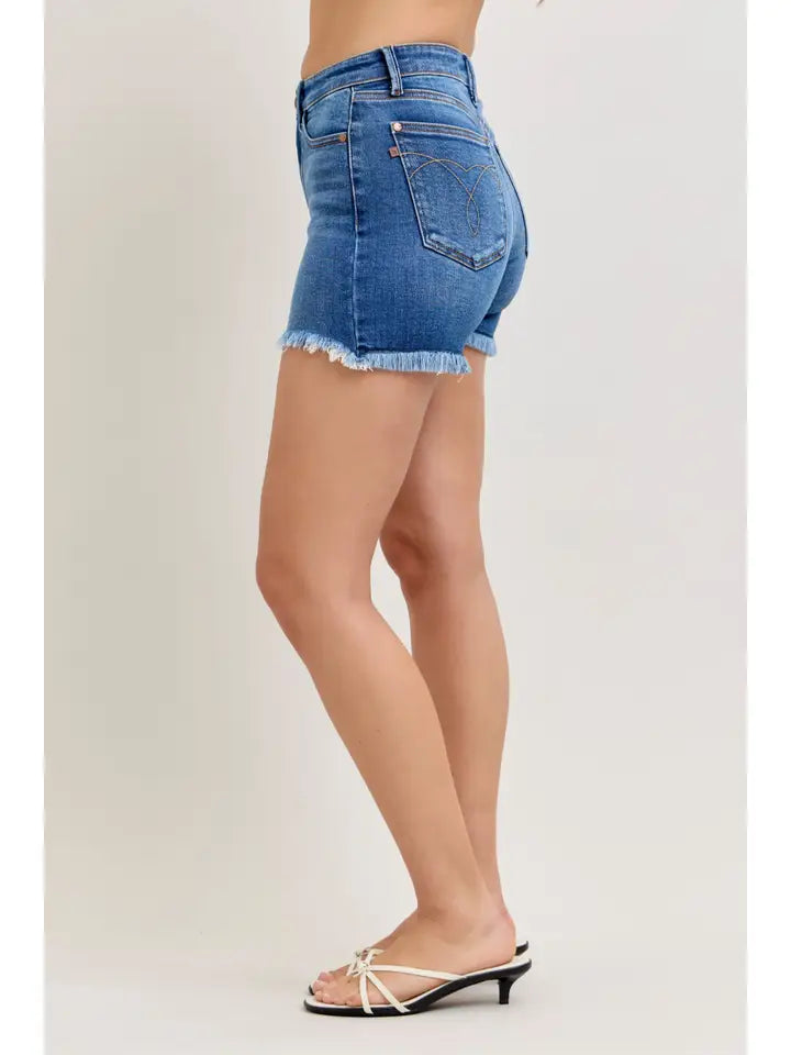 Judy Blue High Waist Dark Wash Slim Fray Shorts
