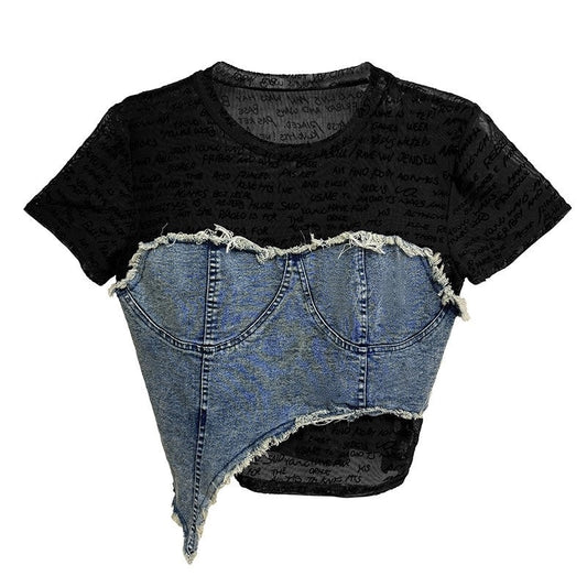 Color Block Denim Sleeveless T-shirt