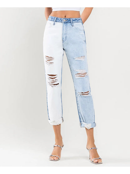 Super High Rise Color Block Cuffed Mom Jeans (Vervet-Emma)