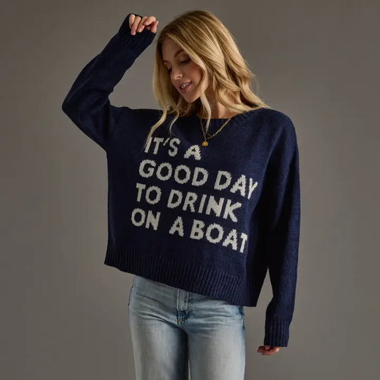 NAVY DRINK ON A BOAT LIGHTWEIGHT SWEATER