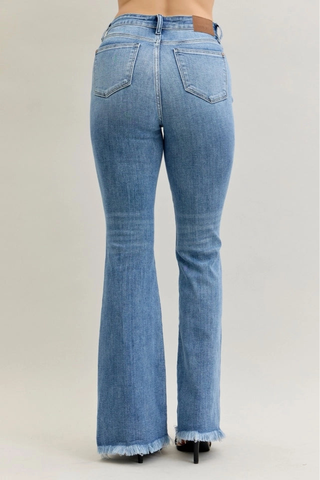 High Waisted Flare Front Pintuck Detail & Fray Hem
