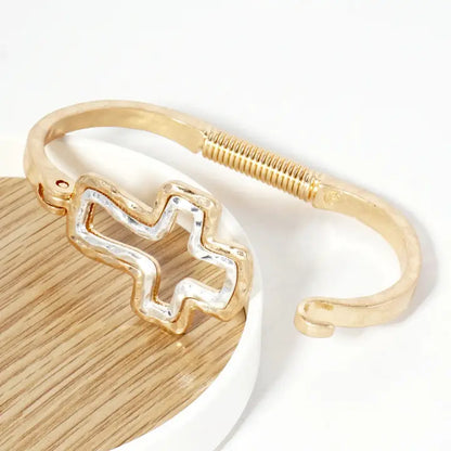 Hammered-Texture Metal Dual-Tone Cross-Shaped Hook-Clasp Hinged Bracelet
